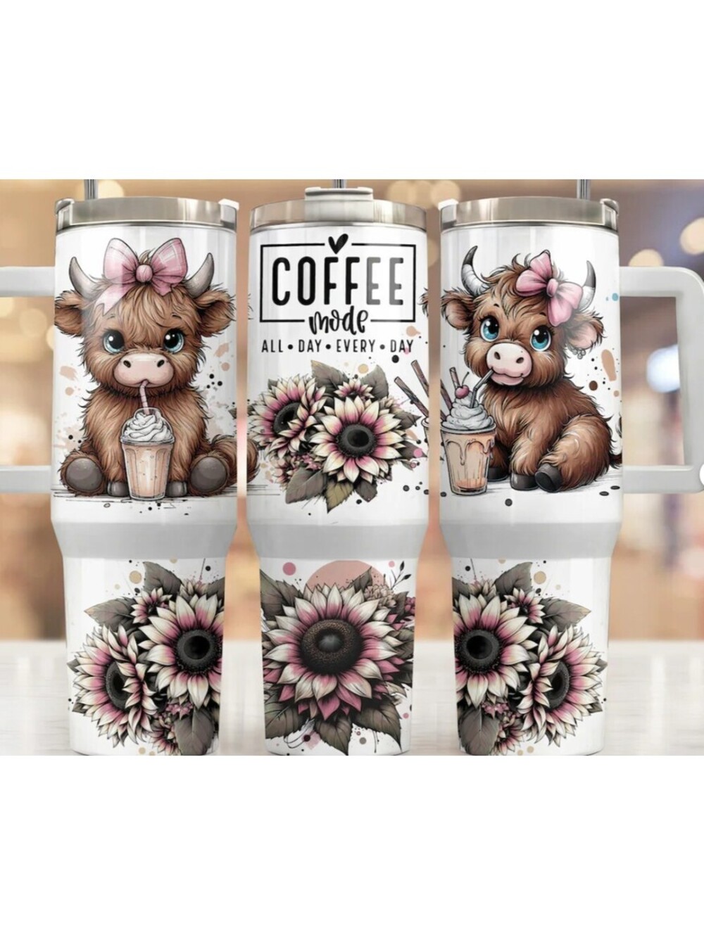40oz Stainless Steel Tumbler with Highland Cows and Coffee Design